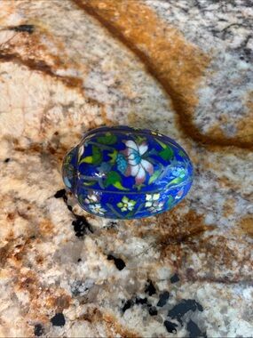 Blue Floral Vintage Cloisonné Box in an Interesting Beetle/Egg Shape